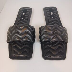Zara Black Quilted Square Toe Sandals Slides Size 38